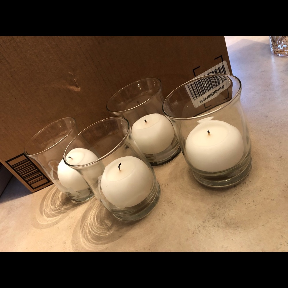 Glass clear votives (set of 4!) with white candles included